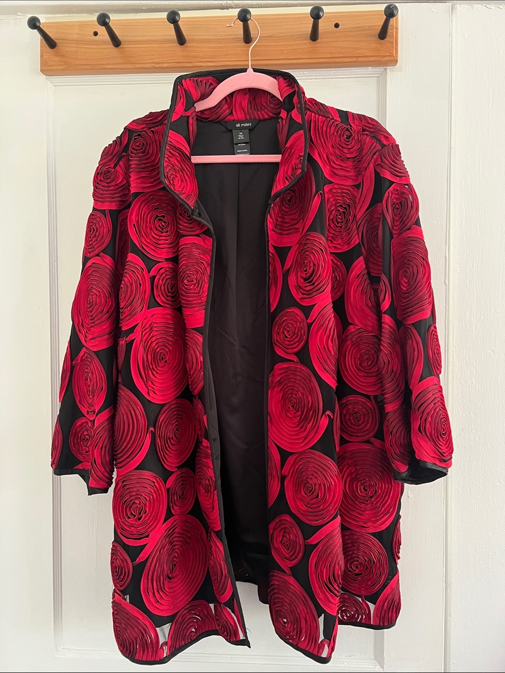 Ali Miles Red Rosette Lined Mesh Open Front Jacket